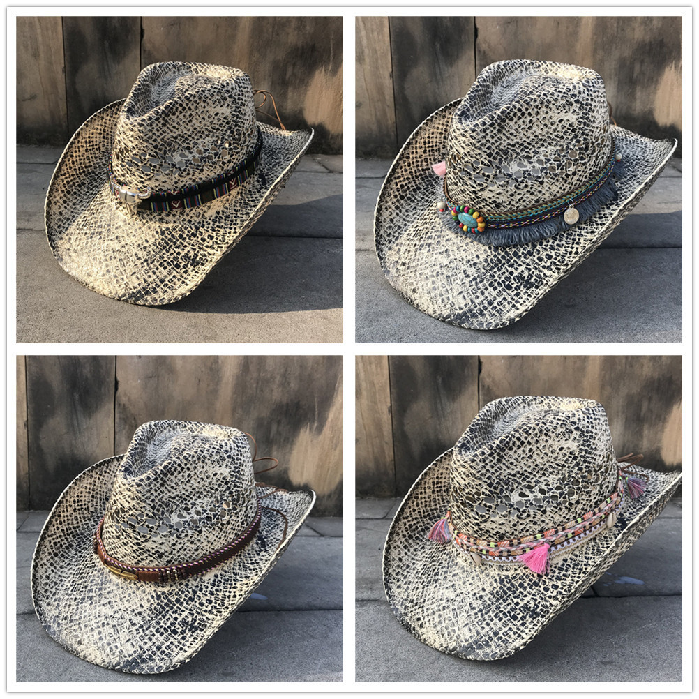 Women Straw Hollow Western Cowboy Hat Elegant Lady Tassel Sombrero Hombre Hat Fascinator Sunbonnet Cowgirl Sun Hat T200605