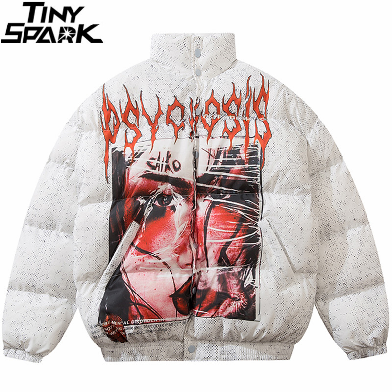 Mens Hip Hop Oversized Parka Jacket Streetwear Illusion Girl Print Jacket Harajuku Cotton Winter Padded Jacket Coat Warm Outwear 201128