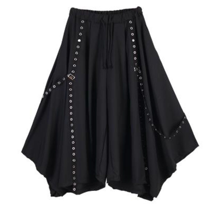 Men Ribbon Dark Black Wide Leg Pants Male Women Japan Punk Gothic Harem Trousers Kimono Skirt Pants 201130wtt