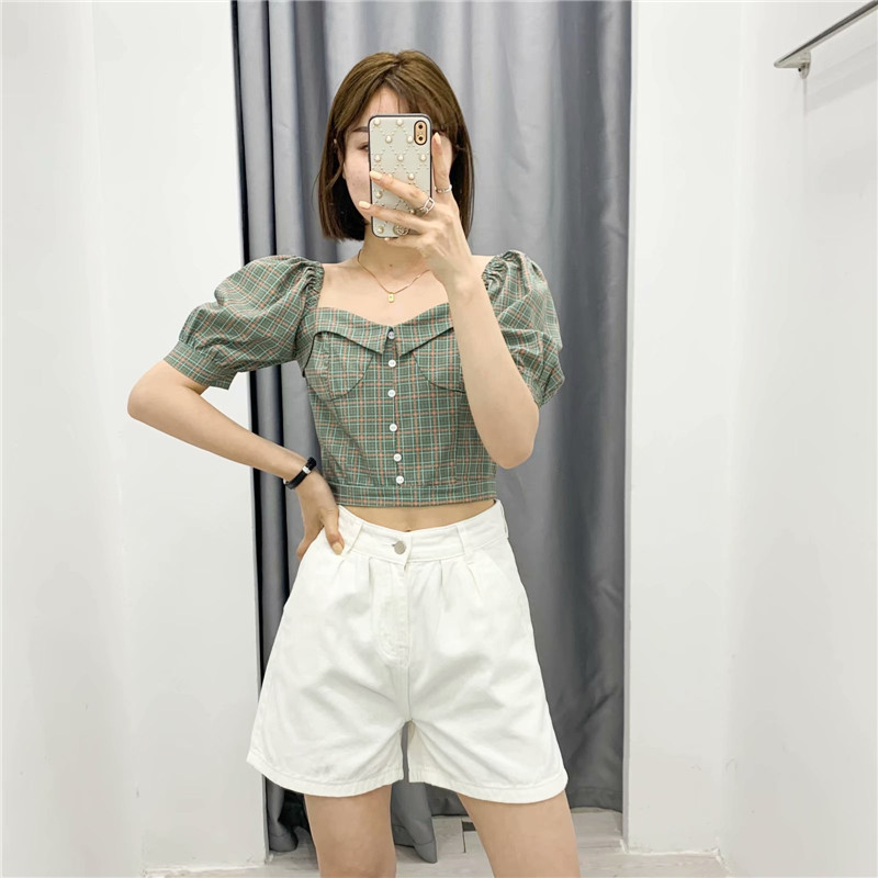 2021 Sexy New Summer Green Plaid Shirts Short Sleek Women Puff Sleeves Cut Women's Tops Retro Vintage Blouse Sweet G30I
2021 Sexy New Summer Green Plaid Shirts Short Sleek Women Puff Sleeves Cut Women's Tops Retro Vintage Blouse Sweet G30I