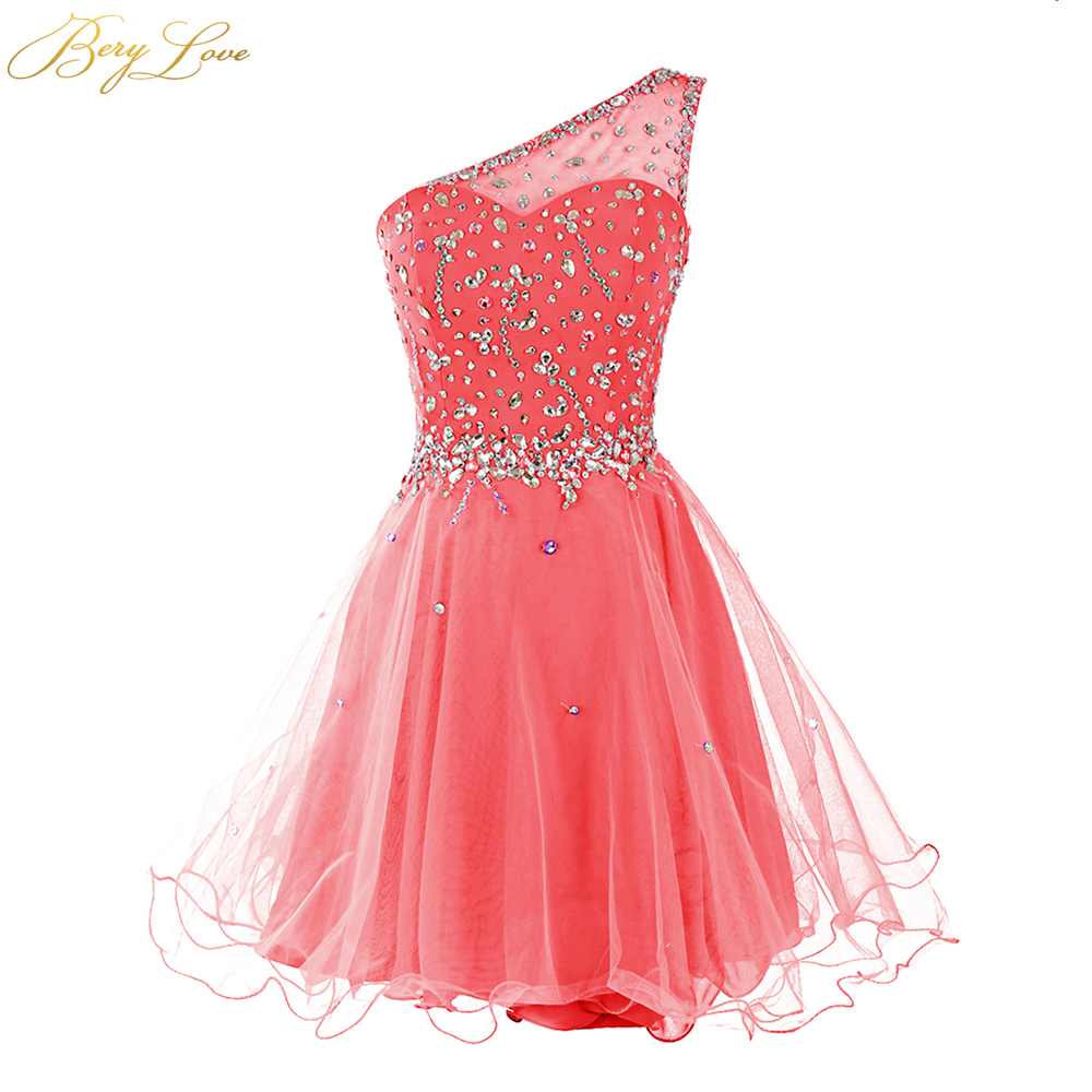 Berylove One Shoulder Homecoming Dress Dark Red Mini Crystals Beaded Tulle Short Girl Gown Prom Dress Mini Party Dress T200604