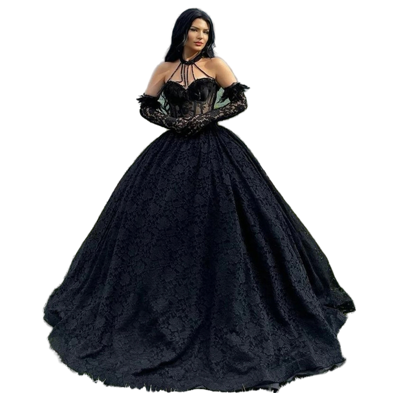 2022 Gothic Black Lace Ball Gown Wedding Dresses Beading Vintage Victorican Halter Corset Wedding Gowns Appliques Illusion Bridal Dress