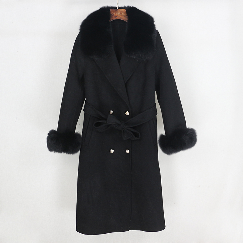 OFTBUY Double Breasted Cashmere Wool Blends Real Fur Coat Winter Jacket Women Natural Fox Fur Collar and Cuffs Streetwear 201103