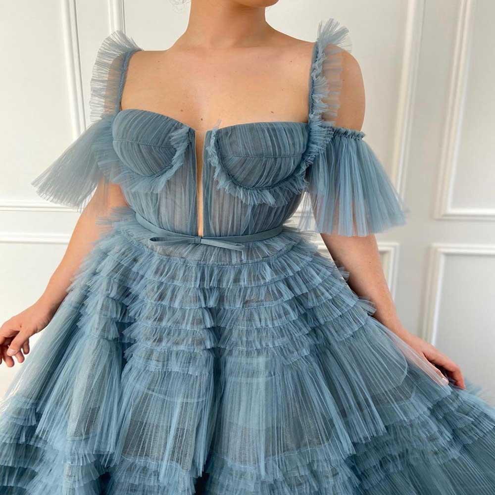 Blue Long Prom Dresses Sweetheart Crumpled Tulle Ruffles Evening Dresses Off Shoulder Tiered A-Line Party Dress Bow Belt