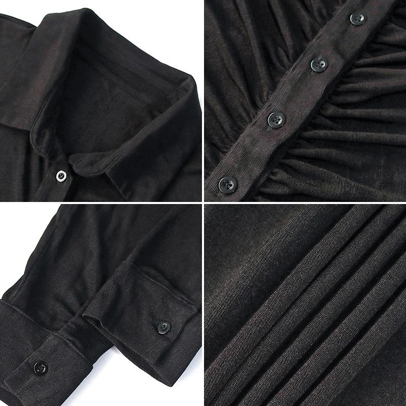 FANTOYE Ruched Turn-Down Collar Button Blouse Dress Women Sexy Long Sleeve Midi Dresses Elegant Black Skinny Female Vestidos1
