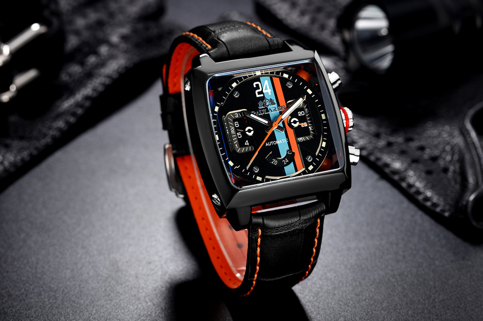 Automatic Self Wind Mechanical Genuine Leather Stainless Steel Black Orange Blue Casual Perspective See Through Men Watch 201218