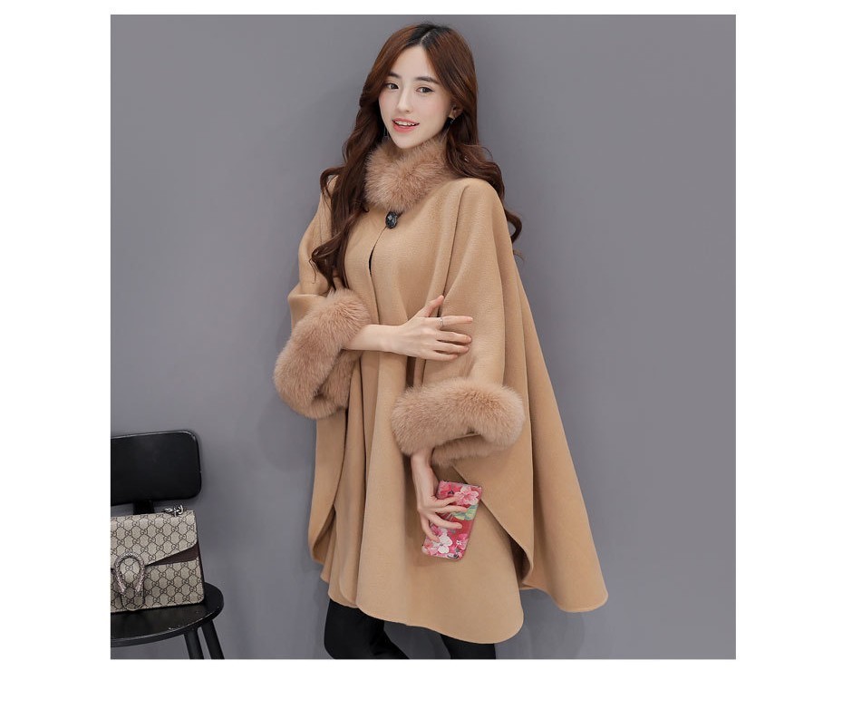 Ponchos and Capes Women Christmas Fashion Flare Sleeve Faux Fox Fur Collar Winter Wool Cloak Cape Coat Poncho Long Overcoat 201028