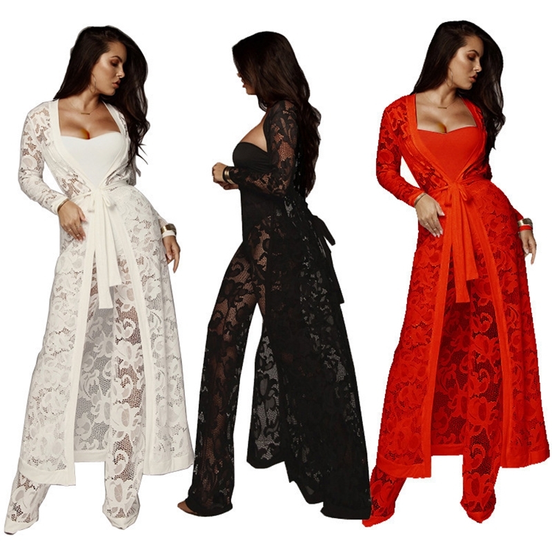 Black White Strapless Lace See Through Rompers Sexy Women Cardigan Coat +Bodysuit+Long Pant 3 Piece Jumpsuit Plus Size Overalls T200509