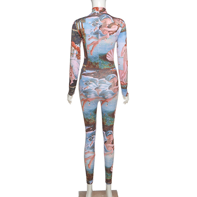 BOOFEENAA Renaissance Retro Print Long Sleeve Jumpsuit Sexy One Piece Romper Workout Fitness Bodycon Tracksuit Fall C87CZ23 201007