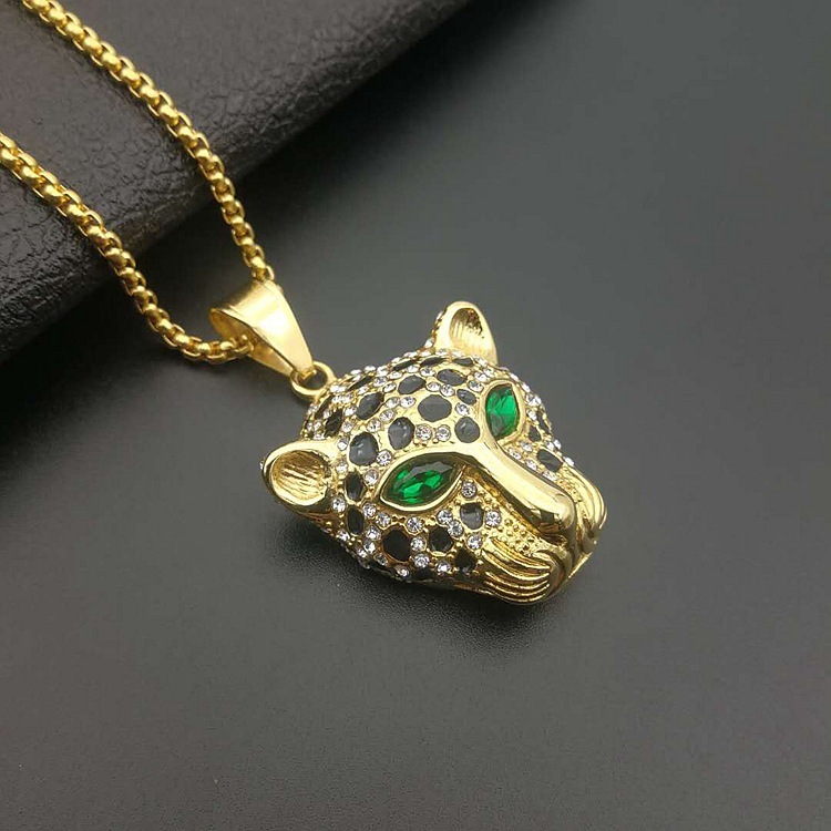 Tide hip hop hiphop jewelry titanium steel gold plated diamond with red and green eyes leopard head pendant necklace GD1238