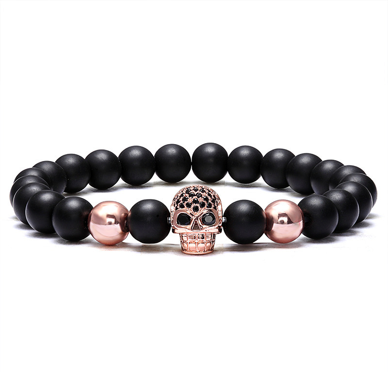 Cool Design Natural Stone Bead Strands CZ Micro Pave Skull Charm Bracelet Jewelry for Man Gift