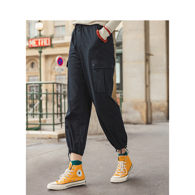 INMAN Spring Autumn 100%Cotton Solid Elastic Waist Pocket Fashion Cool Women Cargo Pants 201111