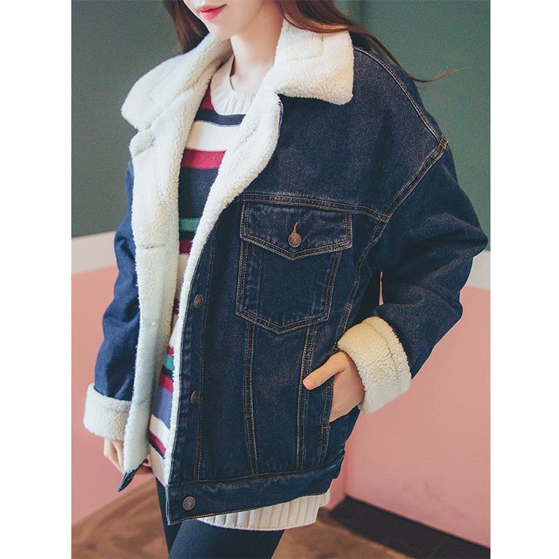 VANGULL New Winter Jacket Coat Women Fleece Liner Denim Bomber Jackets Retro Thick Autumn Elegant Fashion Autumn Coats 201019