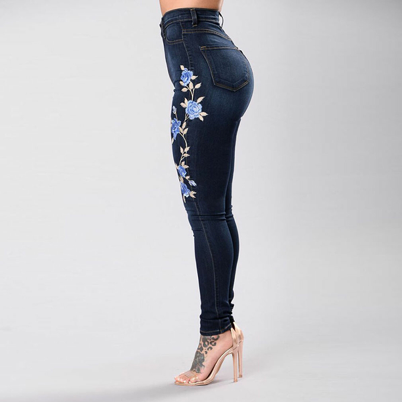 Stretch Embroidered Jeans For Women Elastic Blue Flower Jeans Female Pencil Denim Pants Rose Pattern Pantalon Femme 201109