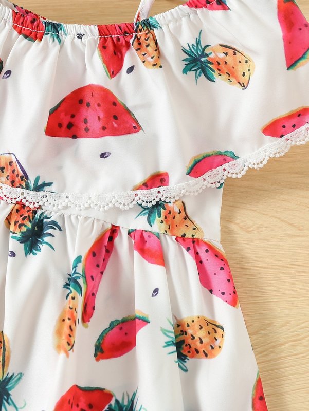 Toddler Girls Watermelon & Pineapple Print Guipure Lace Trim Cold Shoulder Dress SHE01