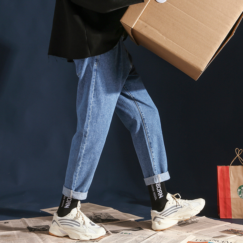 Spring Summer Fashion harem black denim pants men's Korean straight jeans men's loose wide leg casual cropped pants homme 201111