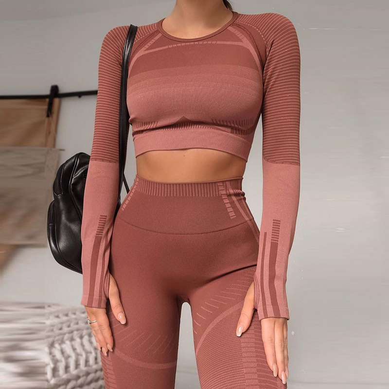 2 pcs sports sets geo seamless long sleeve crop top workout yoga set for women fitness gym suit high waist seamless leggin sets