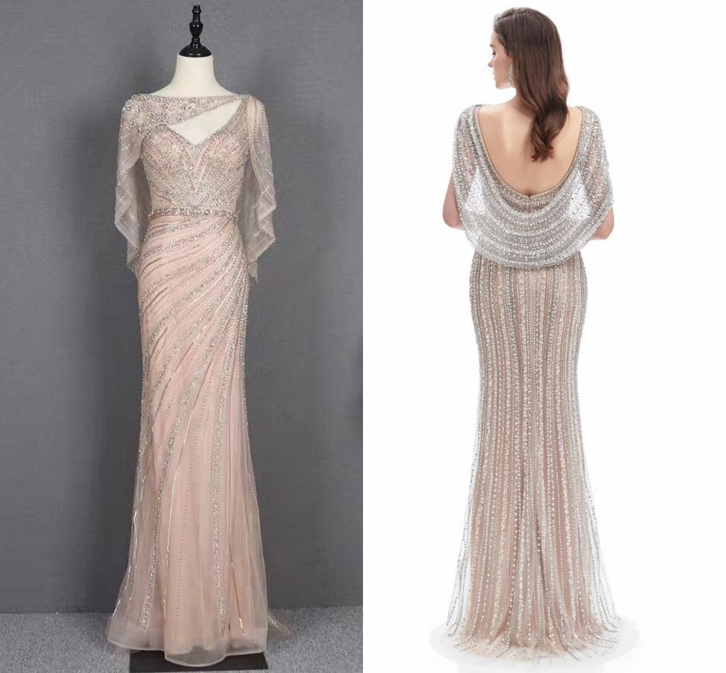 Silver Luxury Beaded Mermaid Evening Gown with wrap Sexy With Split crystal aso ebi fishtail prom dresses real image LJH75031