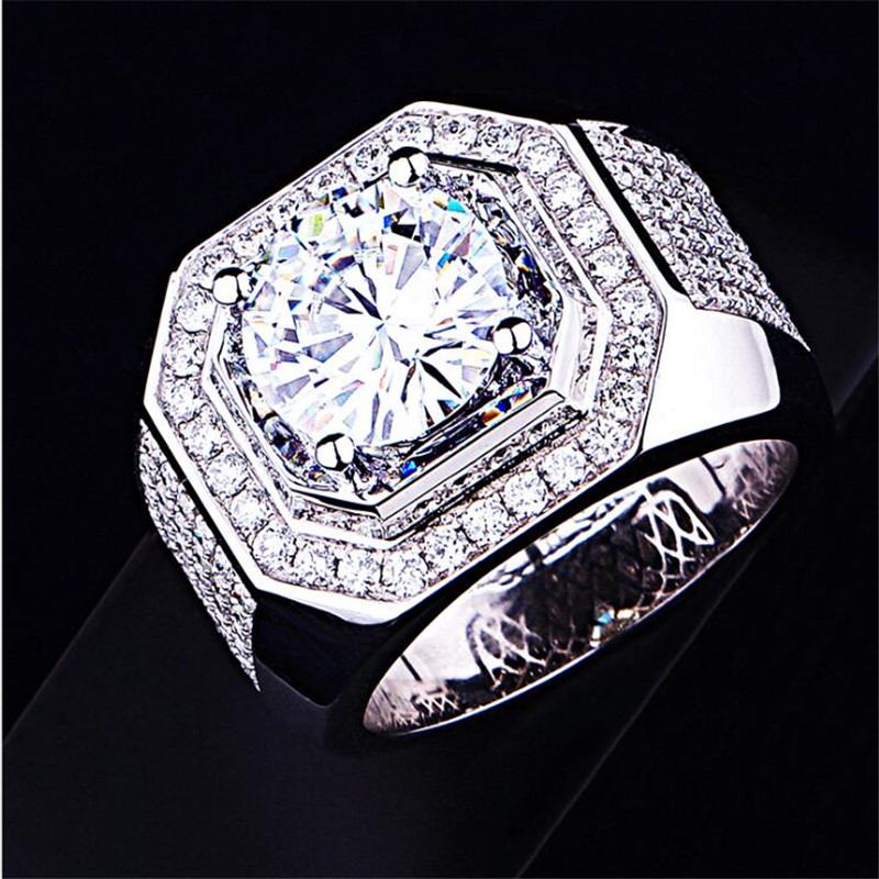 Men's Round Cut Topaz CZ Dia Sterg Sier Wedding Band Ring
