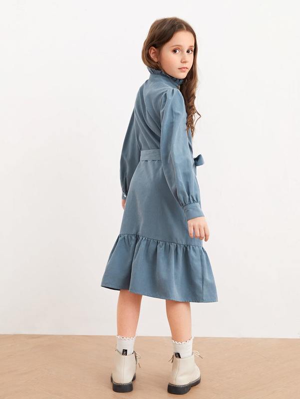 Girls Button Front Tie Front Ruffle Hem Dress SHE