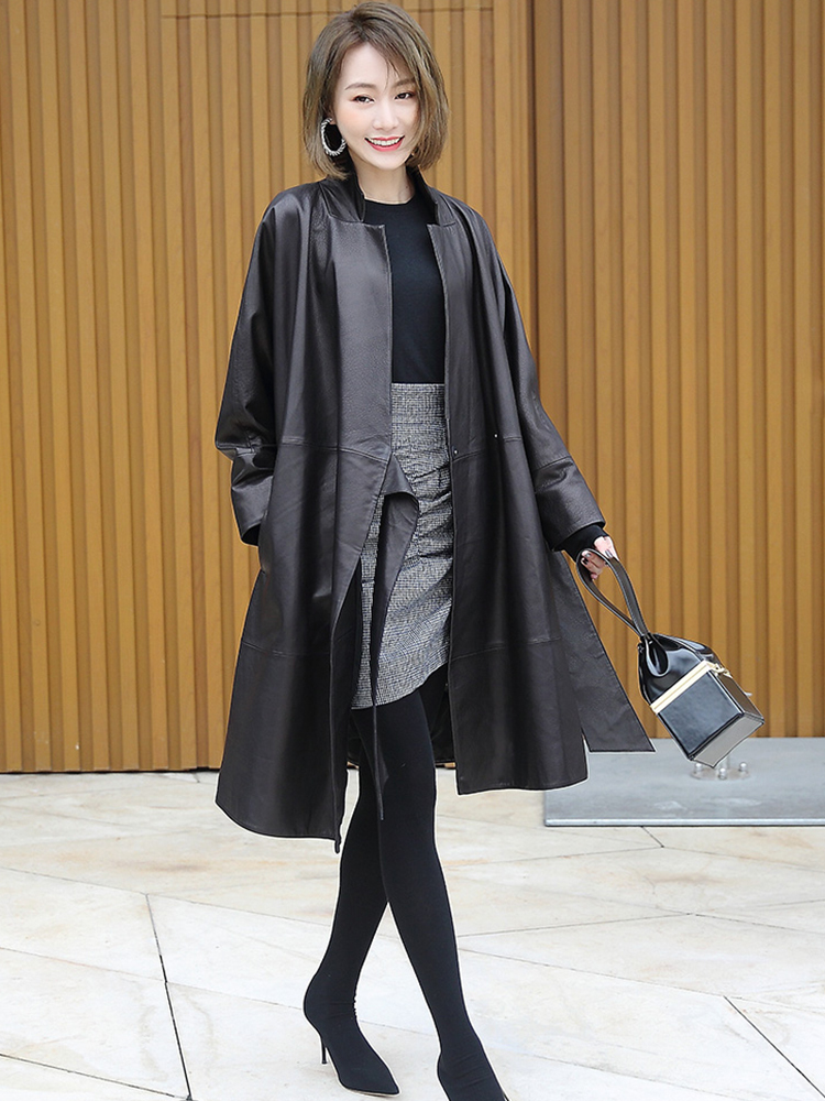 Lautaro Black oversized leather jacket women batwing sleeve Casual soft loose wrap coat Plus size faux leather streetwear women 201226