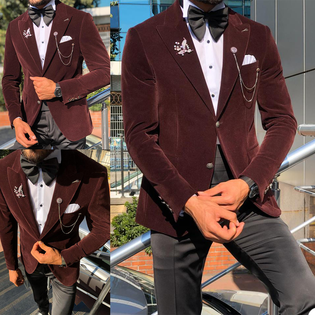 burgundy velvet men suits 2 pieces custom made wedding suits lapel royal high quality formal double breasted business coatpant