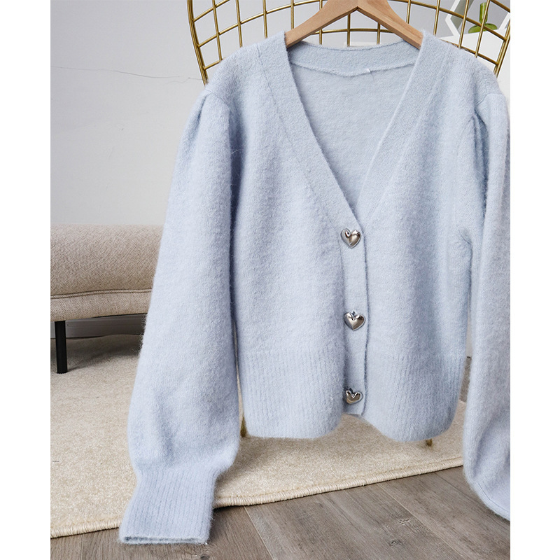 Autumn Women knitted Cardigan V-neck long-sleeved Jacket Female Heart Shape Buttons Female Sweet Mohair Outwear Top 201222
