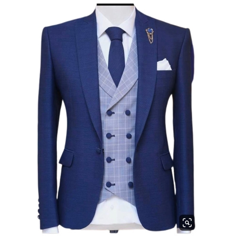 3 Piece Blue Men Suits for Wedding with Peaked Lape Groom Tuxedo Male Fashion Set Jacket Plaid Vest Pants New Arrival 201105