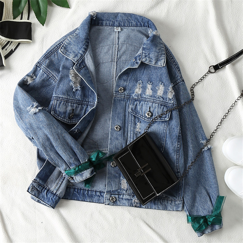 ZQLZ Autumn Women Denim Jacket Bomber Appliques Vintage Elegant Outwear Autumn Hole Female Jacket Coat Casual Jeans Tops 201109