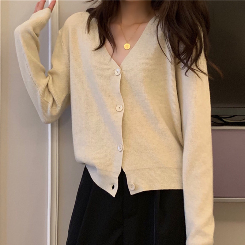 Women Autumn Button Front Crop Knitted Top V-neck Ribbed Knit Cardigans Crop Knitted Soft Sweater For Women 201109