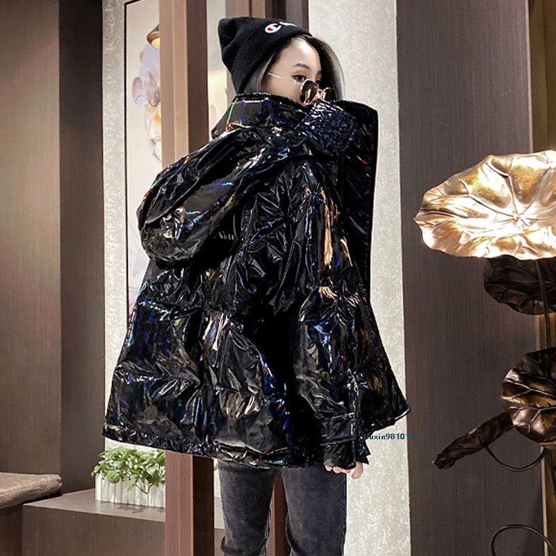 VOOCIEC New Fashion Hooded Glossy Winter Down Cotton Padded Jacket For Women Thick Bright Black Shiny Jacket black Parkas 201019