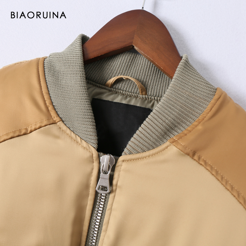 BIAORUINA Women Khaki Patchwork Smooth Thick Short Jacket Female Autumn Winter Bomber Jacket Stnad Collar Oversized Coat 201023