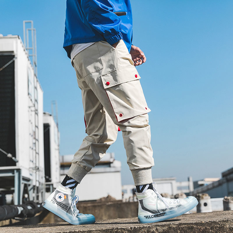 Autumn New Multi Pockets Cargo Pants Men Drawstring Waist Purple Joggers Trousers Black Streetwear Sweat Pants T2007044541385