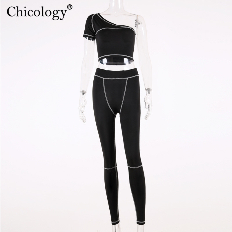Chicology one shoulder crop top long pants leggings patchwork line female 2 two piece matching set 2019 summer sexy women outfit T200603