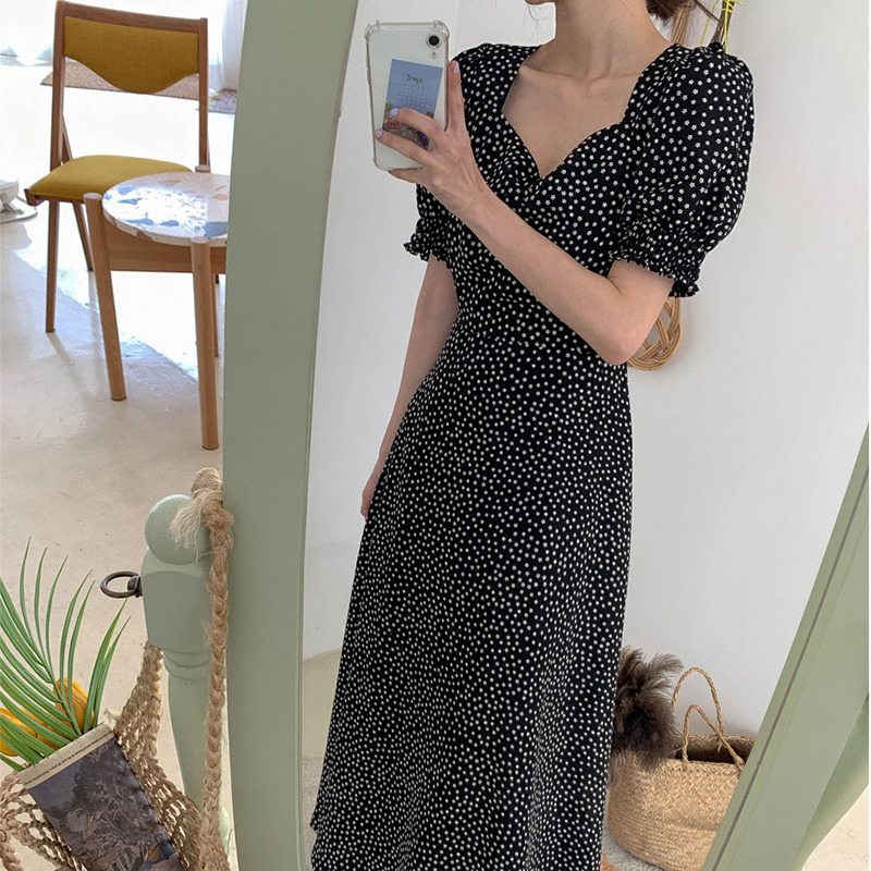 South Korea Clothes Chic Dresses Hot Sales Women Flhjlwoc Temperament Office Lady Floral Print Vintage Black Long Maxi Dress 509 T200604