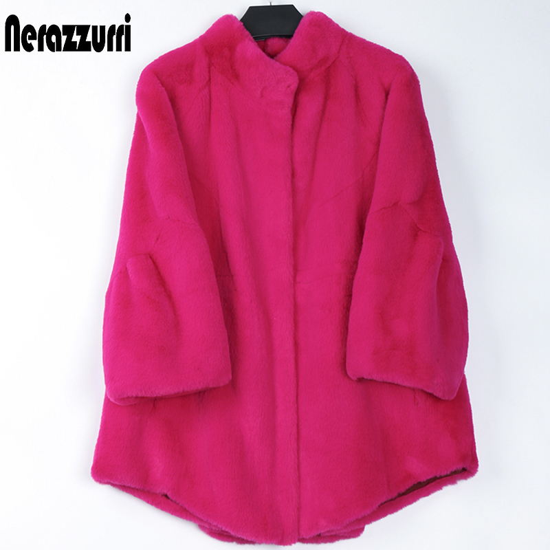 Nerazzurri Fluffy loose faux fur coat women flare raglan sleeve Plus size furry jacket fashion autumn winter women clothes 201019
