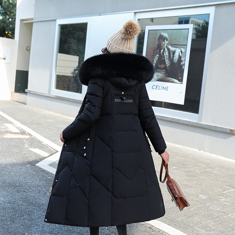Women's Winter Jacket X-long Solid Female Coat Hooded Slim With Fur Collar Thick Oversized Cotton Padded Casual Woman Parkas 201217