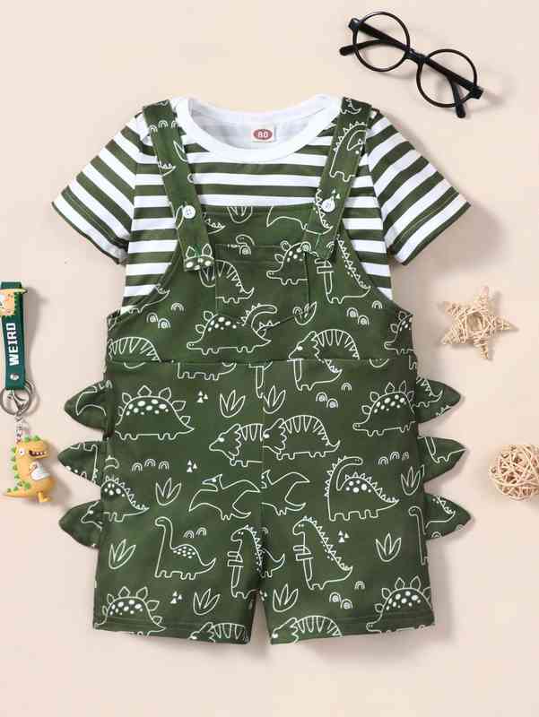 Baby Striped Bodysuit & Dinosaur Print 3D Patched Overall Romper SHE