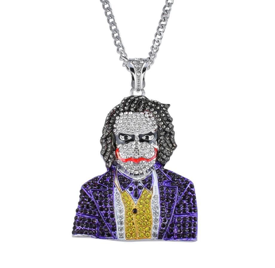 Fashion Iced Out Large Cartoon Clown Cosplay Pendant Mens Hip Hop Necklace Jewelry 76cm Gold Cuban Chain For Men Women Free shipping Free shipping