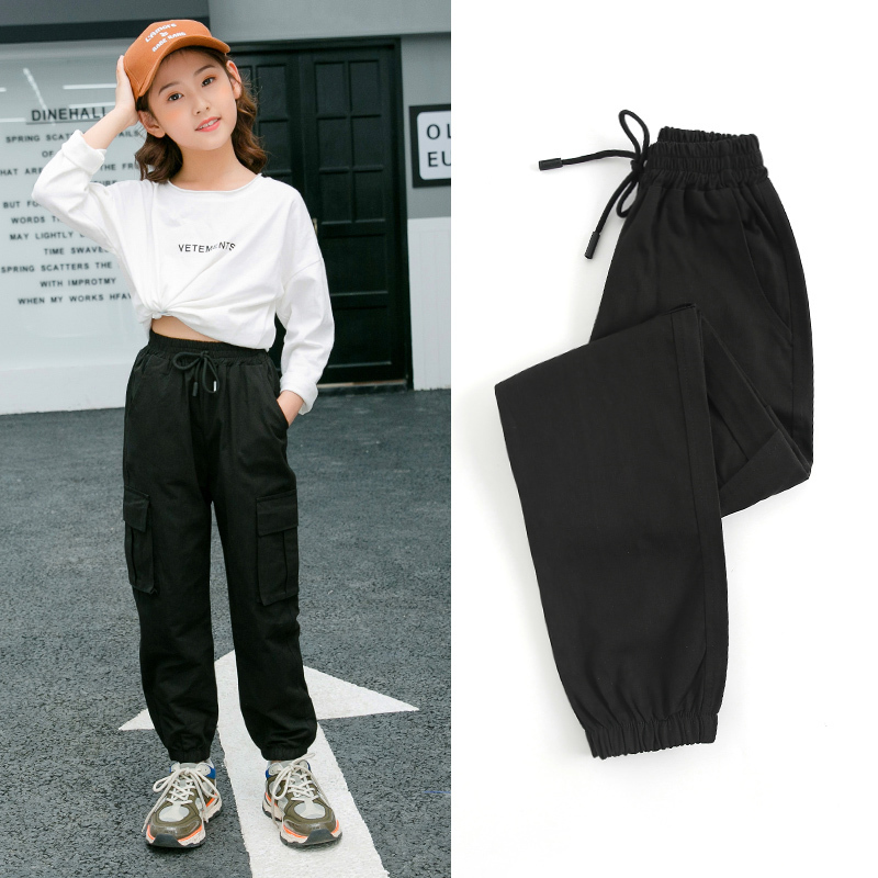 for Kids Girls Cargo Pure Color Trousers Pocket Loose Sport High Waist Elastic Children Casual Running Pants LJ201019