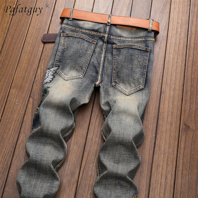 New Men Vintage Sets Embroidered Red Crowned Crane Hole Distressed Jackets + Embroidered Tiger Jeans Mens Clothing 2 Piece Set LJ201124