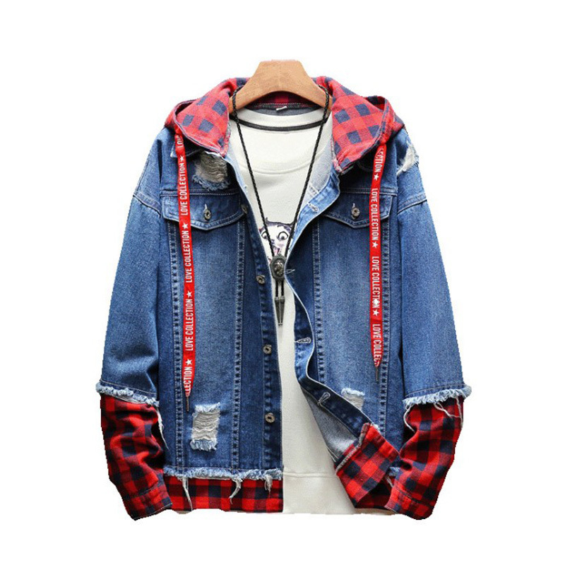 2020 Spring Autumn Fashion Jacket For Men Plaid Stripe Spliced Ripped Denim Jacket Men Youth Streetwear Hip Hop Jacket Hooded T200502