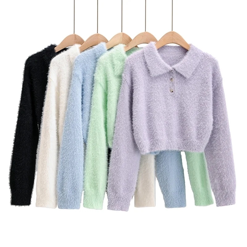 Women Turn Down Collar Fluffy Cropped Jumper Fuzzy Cropped sweater 201201