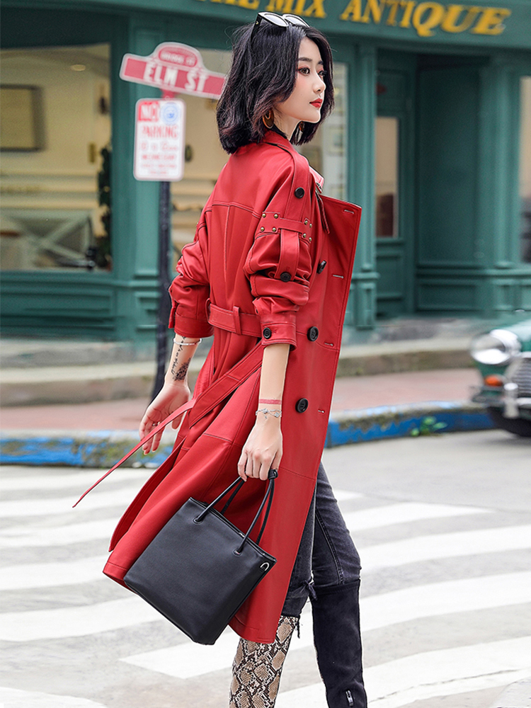 Lautaro Long red leather trench coat for women Plus size faux leather coat women Runway fashion Spring coat for women 7xl 201029