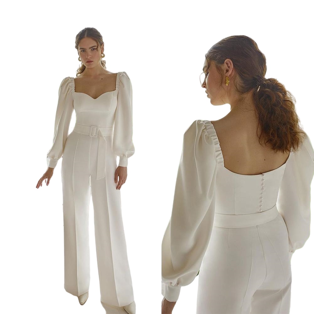 Squre Neck Wedding Jumpsuit with Long Sleeve Modest Beach Bohemian Outdoor Bridal Dress Pant Suit vestidos para boda de dia