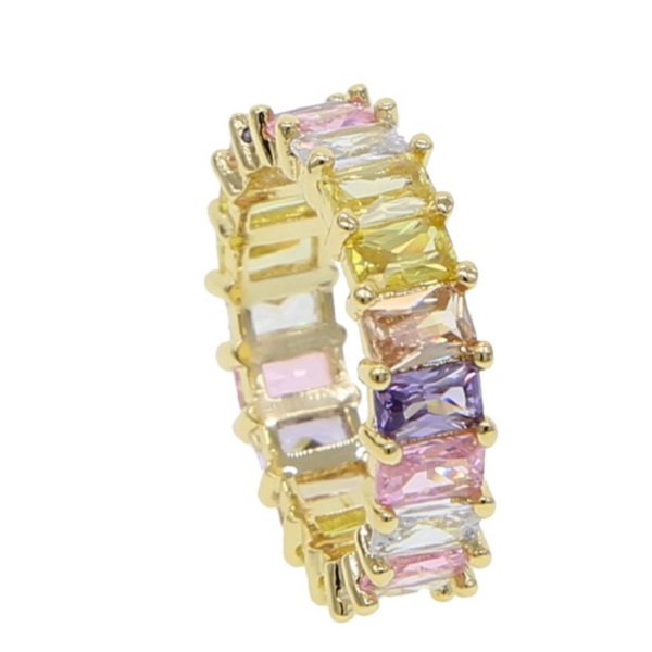 2024 Colorful Fashion Jewelry Pink Pinky Pastel Rainbow Baguette Cz Eternity Ring Engagement Band Rings 5 6 7 8 9 Wholesale