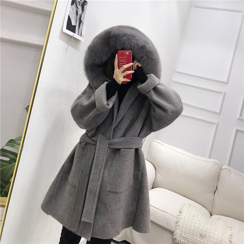 JAZZEVAR winter jacket Casual Women Real Fox Fur coat Cashmere double faced Wool Outerwear Ladies oversized hooded coats 201216