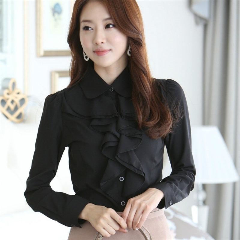 New Women Chiffon Blouse Long Sleeve Shirt Female Professional Lace Tops OL Chiffon Tops 201125