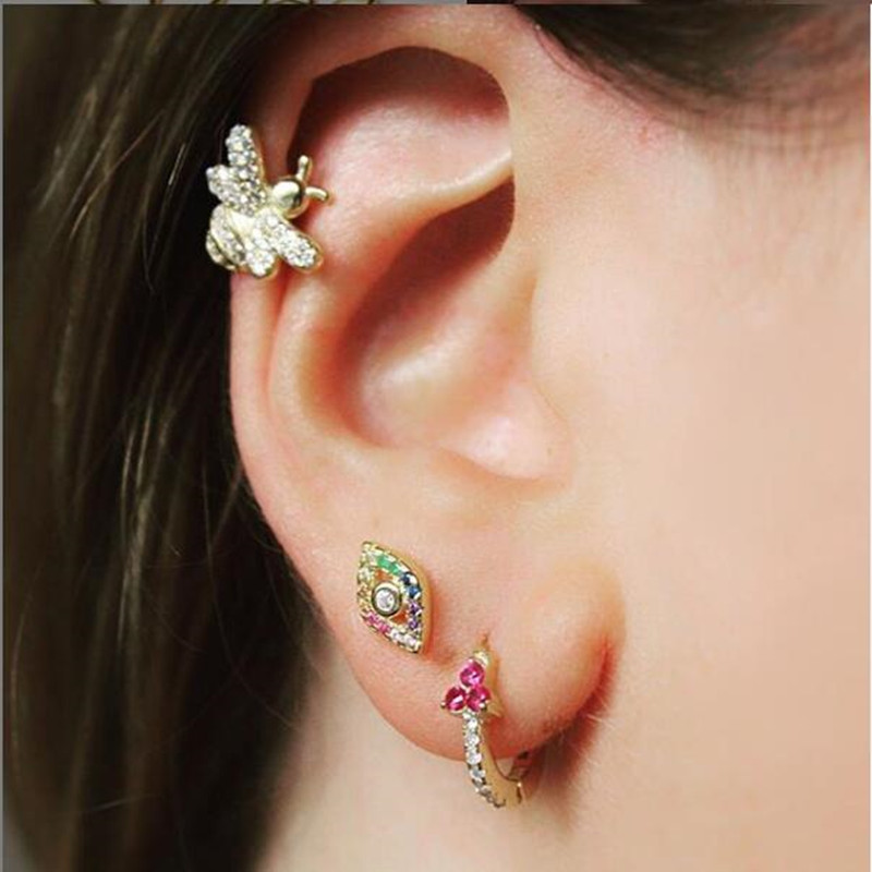 lucky evil eye charm Gold silver plated 925 sterling silver rainbow colorful cz paved bright silver eye stud earring
