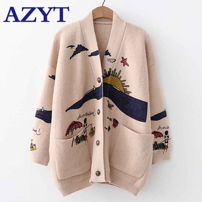 AZYT Cartoon Print Knitted Cardigan women's Jacket Autumn Korean Loose V Neck Sweater Coat Front Pocket Women's Cardigans 201031